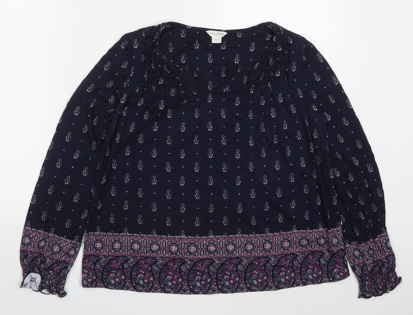 Monsoon Womens Blue Geometric Polyester Basic T-Shirt Size 10 V-Neck