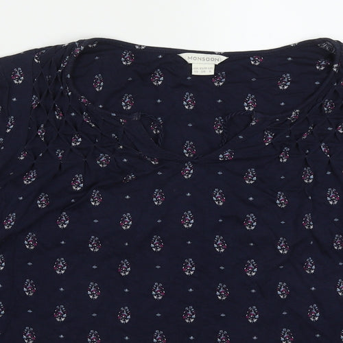 Monsoon Womens Blue Geometric Polyester Basic T-Shirt Size 10 V-Neck