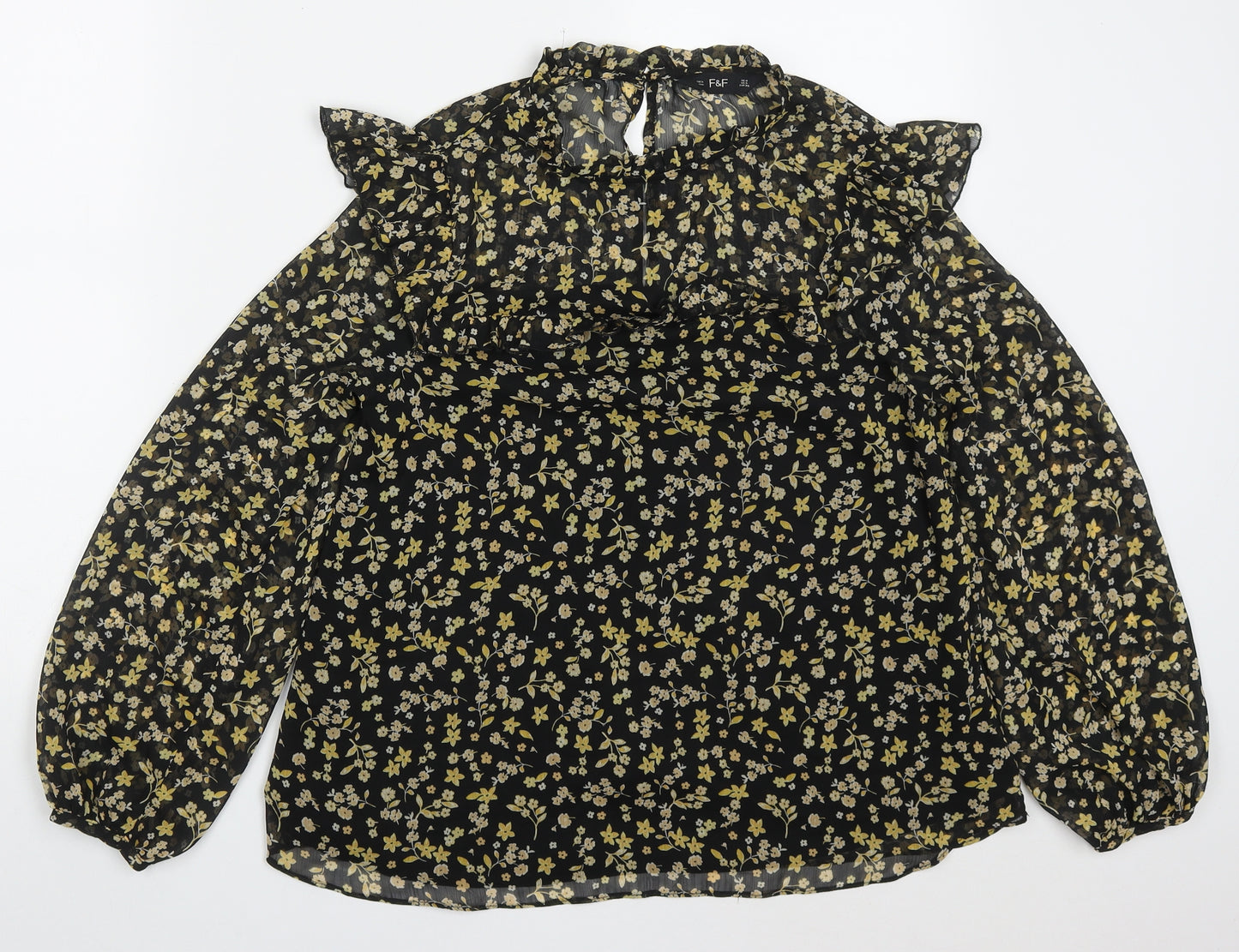 F&F Womens Yellow Floral Polyester Basic Blouse Size 8 Round Neck