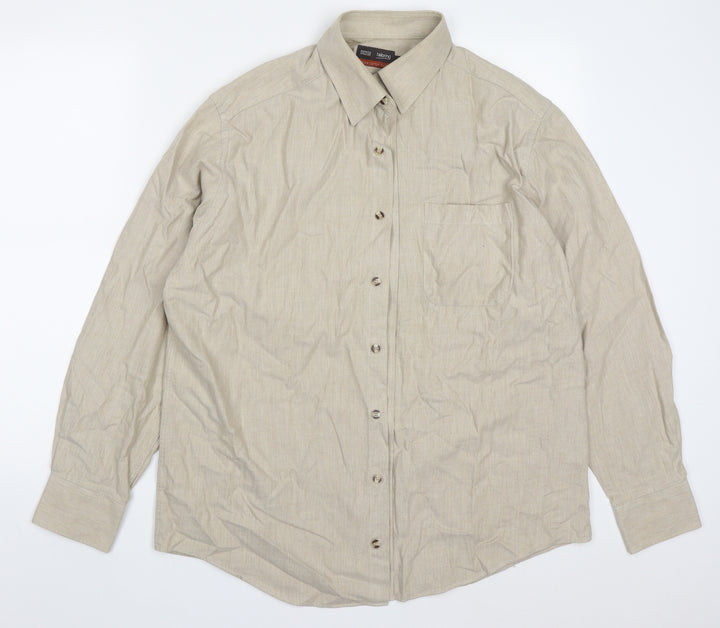 Marks and Spencer Mens Beige Cotton Button-Up Size 16 Collared Button