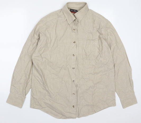 Front view of Marks & Spencer men’s beige cotton button-up, size 16, collared button