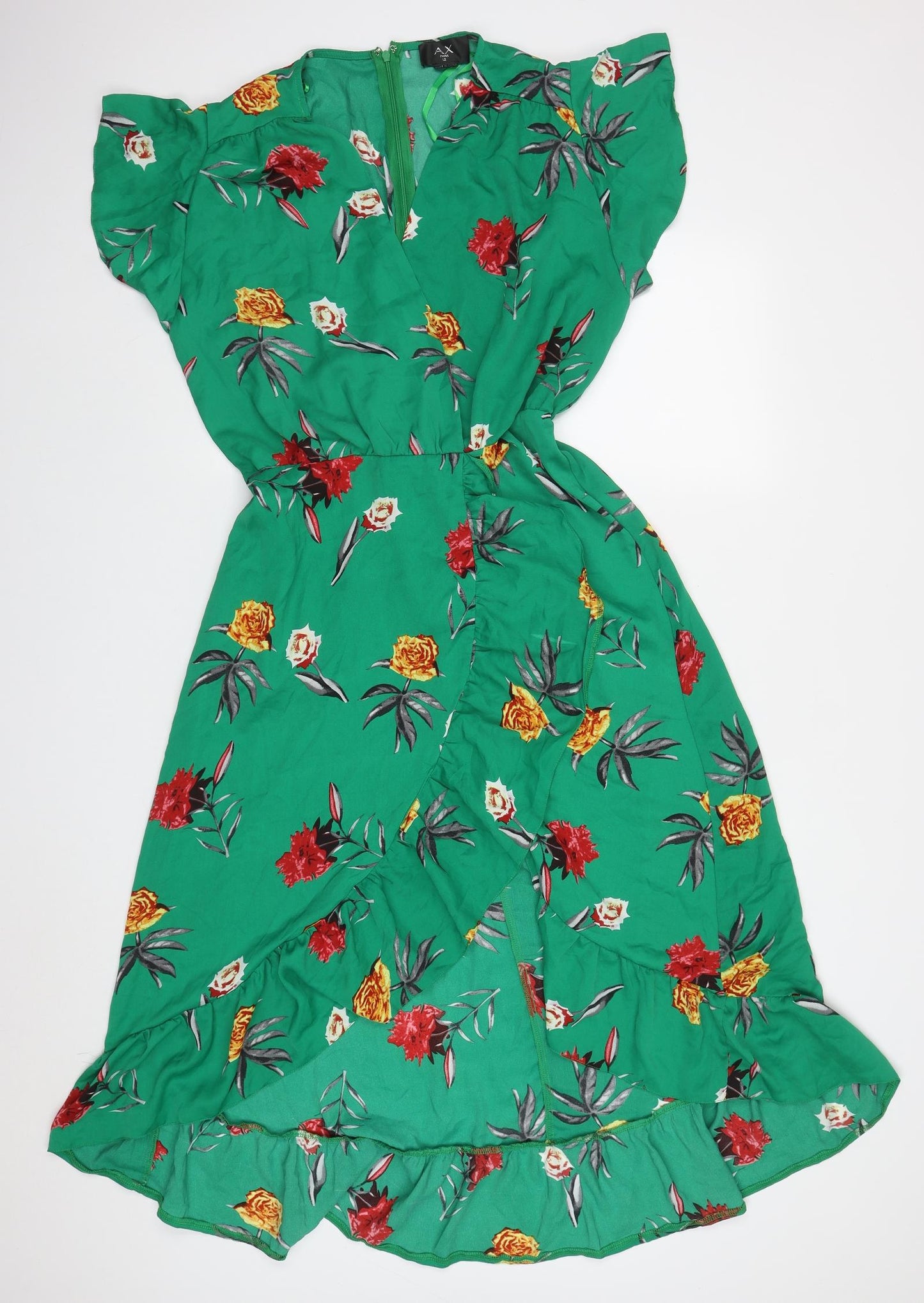 AX Paris Womens Green Floral Polyester A-Line  Size 12  V-Neck Zip