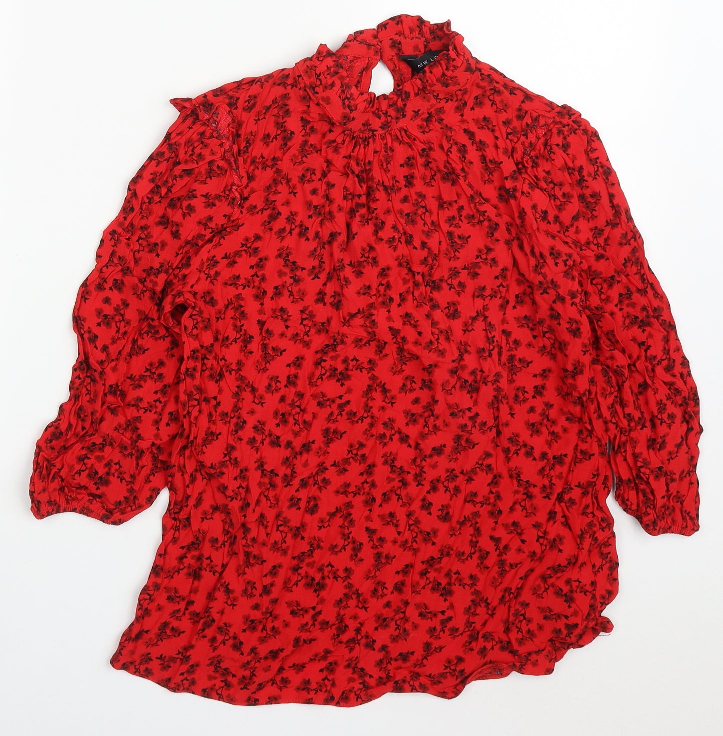New Look Womens Red Floral Viscose Basic Blouse Size 12 Round Neck
