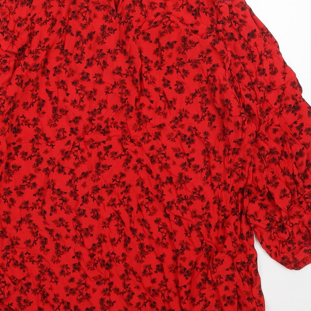 New Look Womens Red Floral Viscose Basic Blouse Size 12 Round Neck