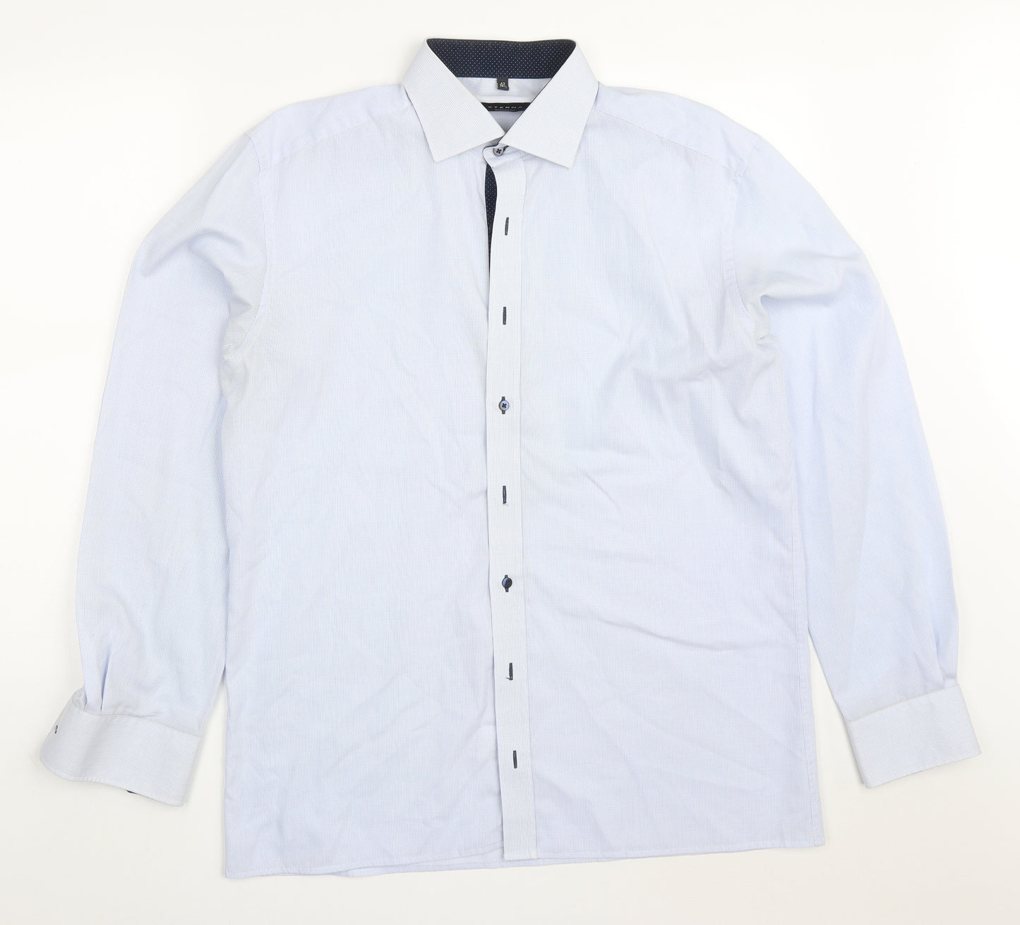 Eterna Mens Blue Check Polyester  Dress Shirt Size 16.5 Collared Button