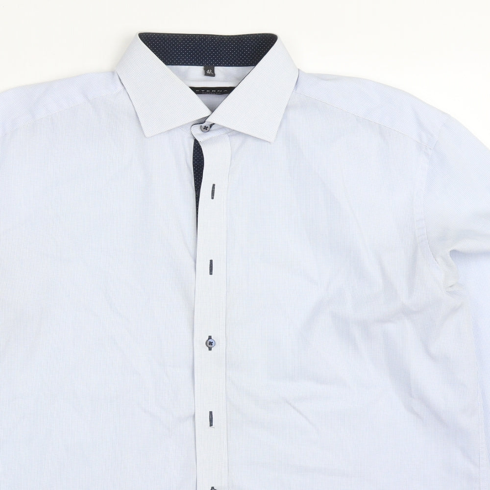 Eterna Mens Blue Check Polyester  Dress Shirt Size 16.5 Collared Button