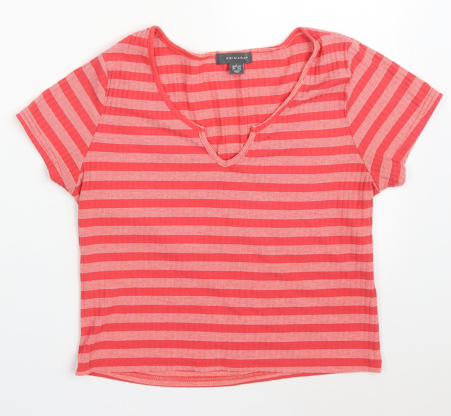 Primark Womens Pink Striped Polyester Cropped T-Shirt Size 14 V-Neck