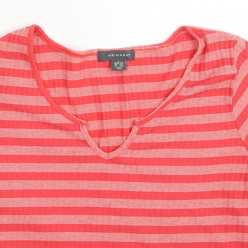 Primark Womens Pink Striped Polyester Cropped T-Shirt Size 14 V-Neck