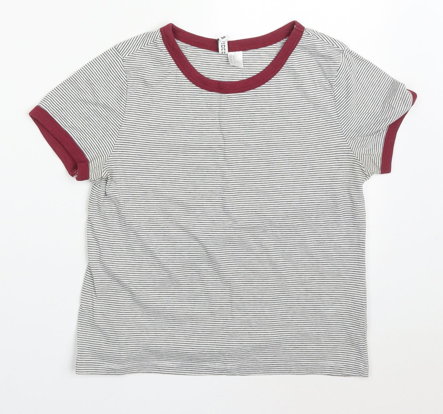 H&M Womens Grey Striped Cotton Basic T-Shirt Size M Crew Neck - Red Cuffs