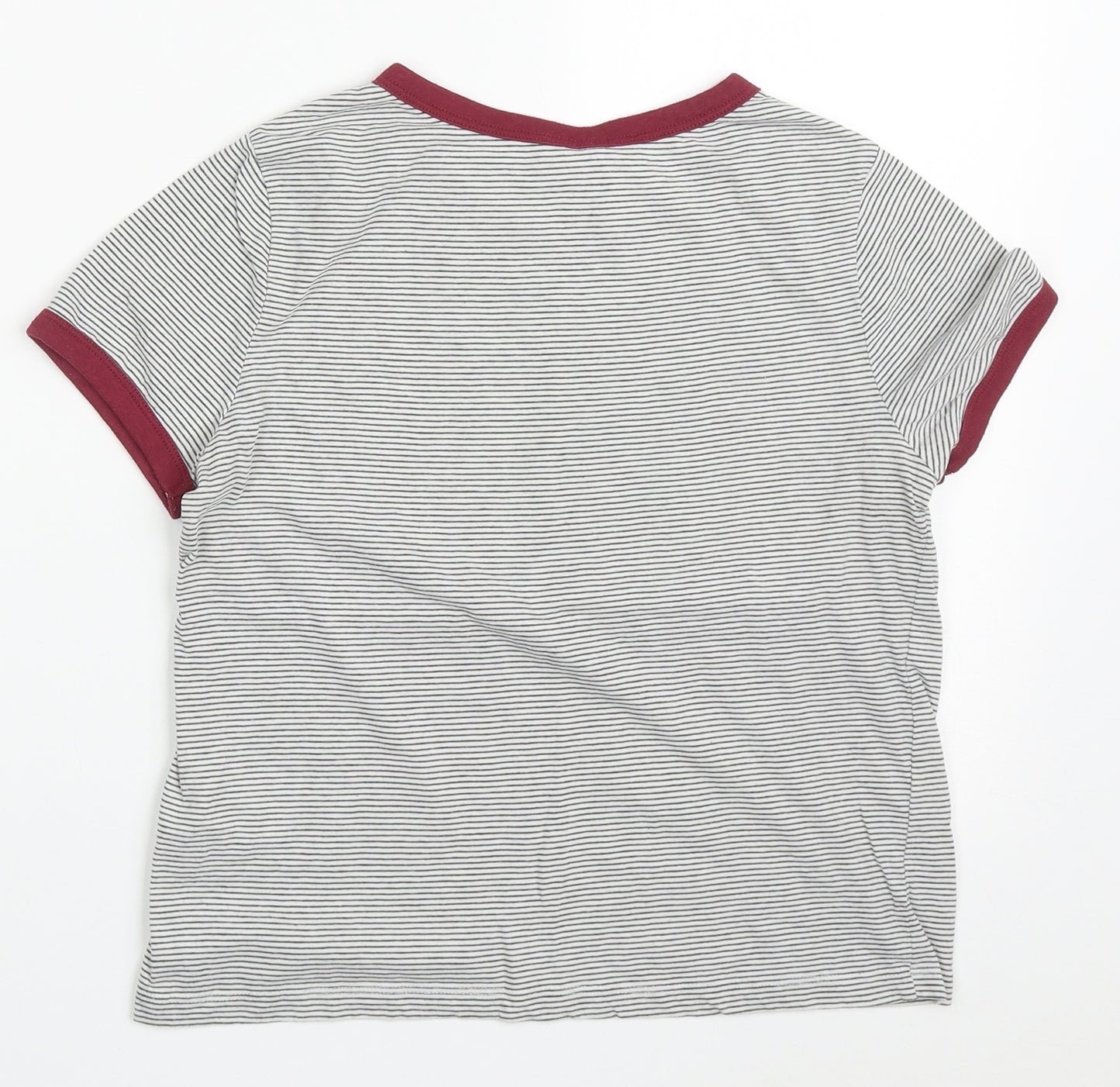 H&M Womens Grey Striped Cotton Basic T-Shirt Size M Crew Neck - Red Cuffs