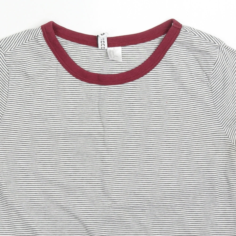 H&M Womens Grey Striped Cotton Basic T-Shirt Size M Crew Neck - Red Cuffs