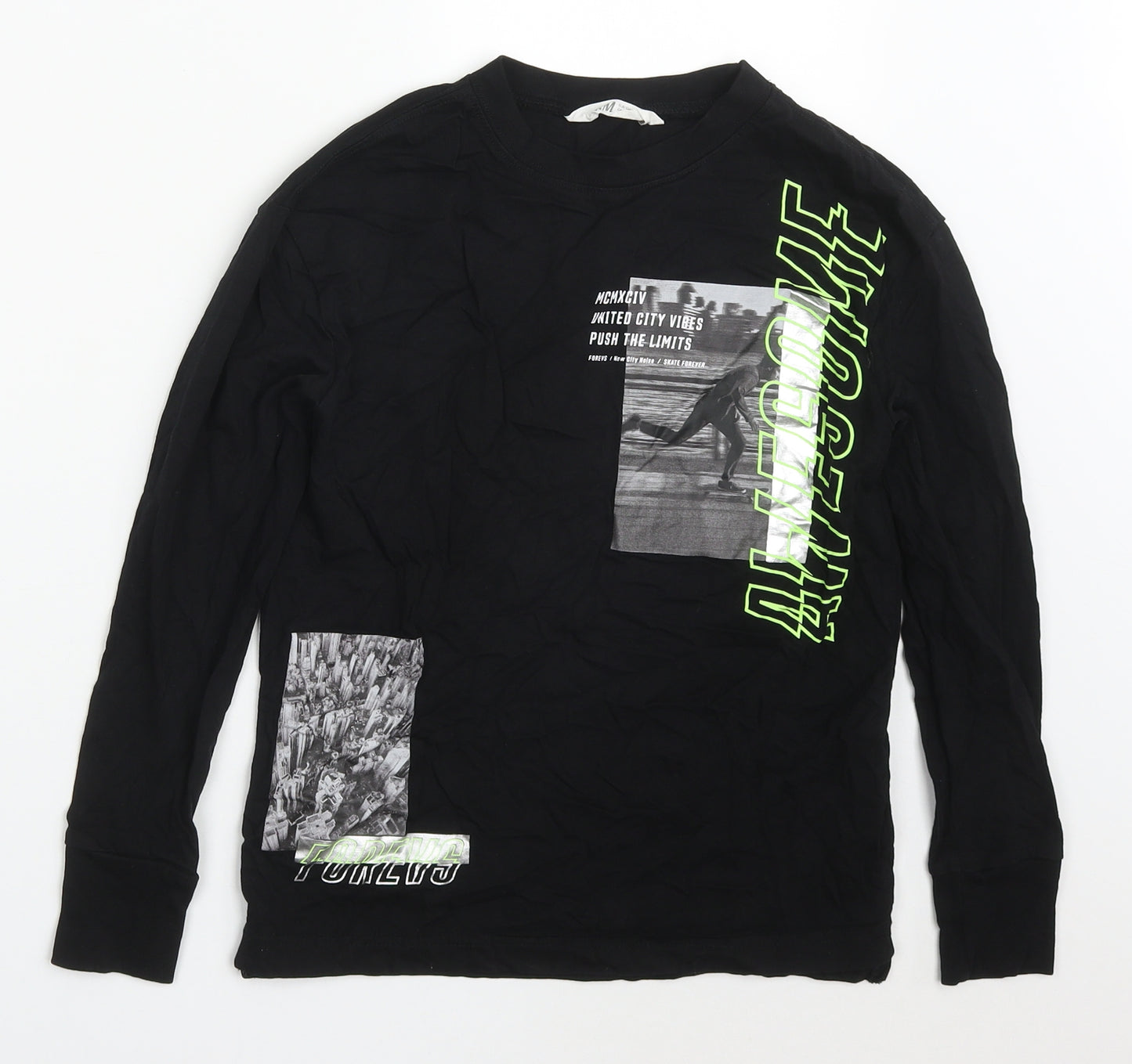 H&M Boys Black  Cotton Basic T-Shirt Size 8-9 Years Crew Neck Pullover - Awesome