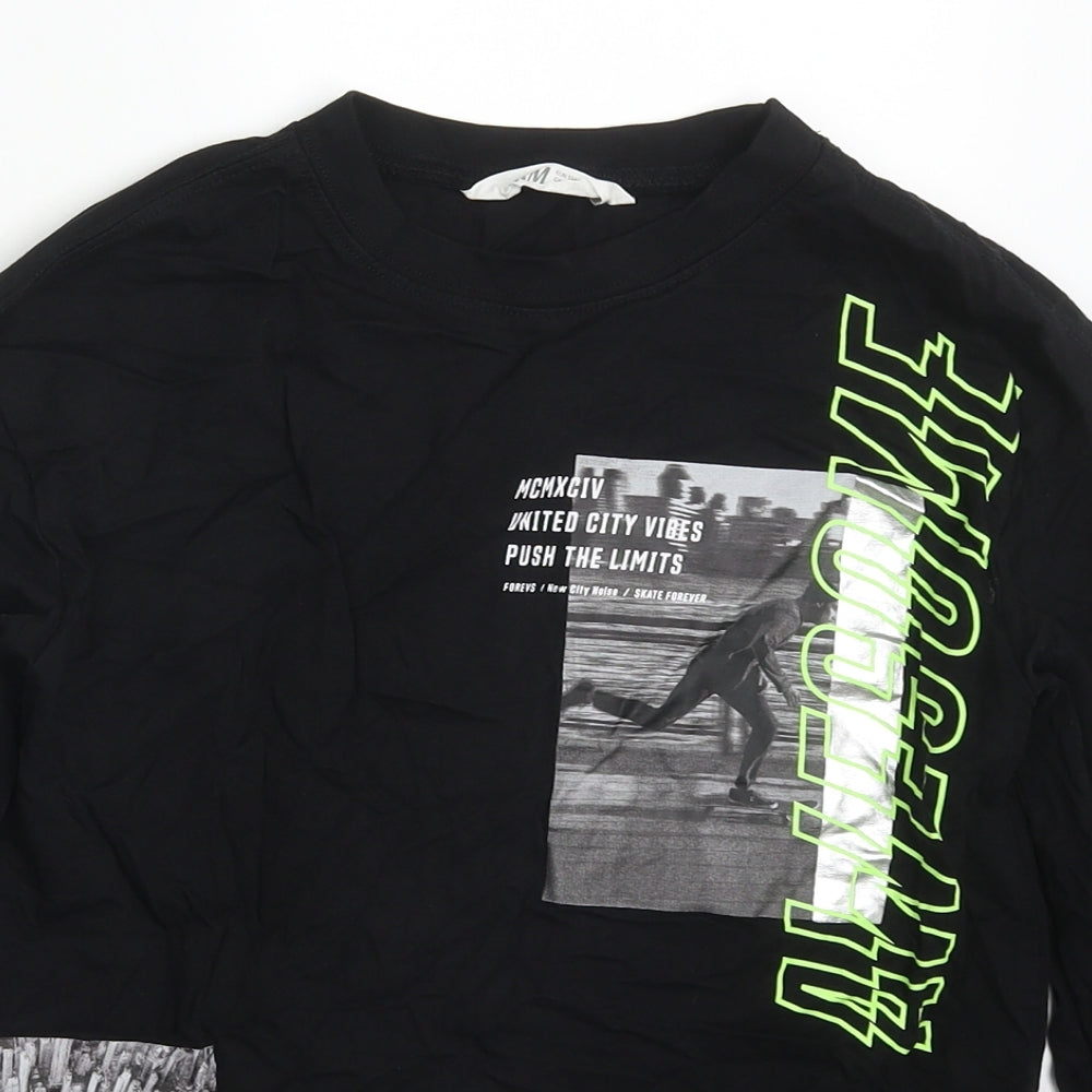 H&M Boys Black  Cotton Basic T-Shirt Size 8-9 Years Crew Neck Pullover - Awesome