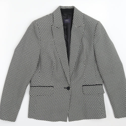 Marks and Spencer Womens Black Geometric Polyester Jacket Suit Jacket Size 12   - Black and White