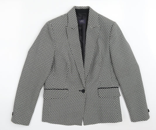 Front view of Marks & Spencer women’s black geometric polyester jacket suit jacket, size UK 12, - black and white