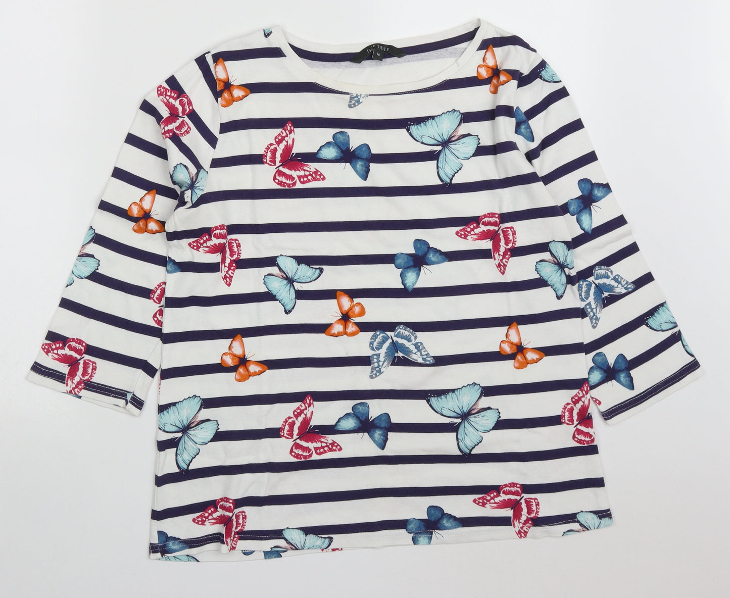 Love Tees Womens Multicoloured Striped Cotton Basic T-Shirt Size 16 Round Neck - Butterflies