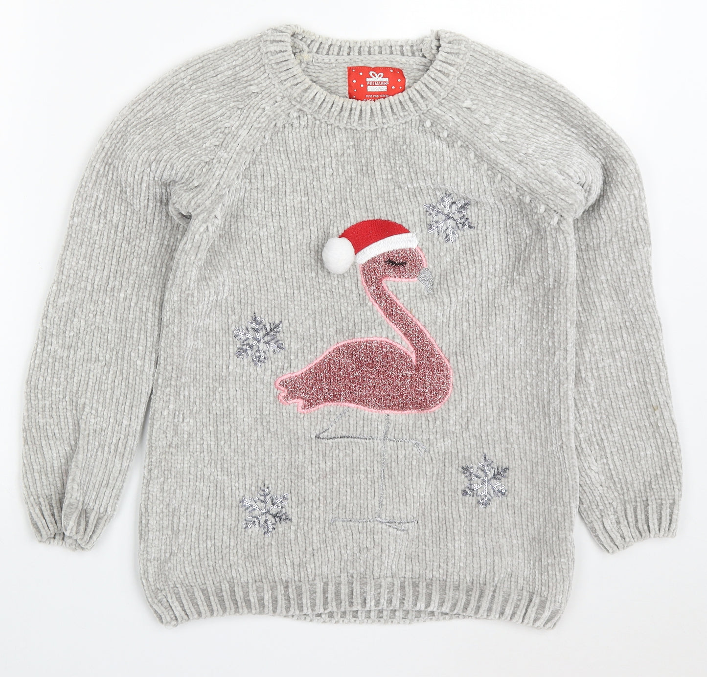 Primark Girls Grey Round Neck  Polyester Pullover Jumper Size 11-12 Years  Pullover - Christmas Flamingo