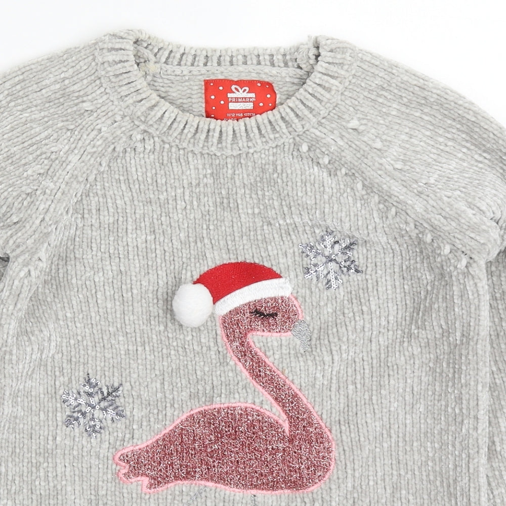 Primark Girls Grey Round Neck  Polyester Pullover Jumper Size 11-12 Years  Pullover - Christmas Flamingo