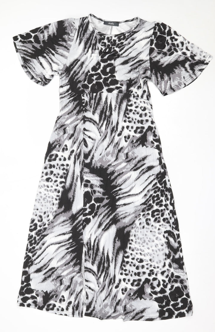 Studio Womens Black Animal Print Viscose Fit & Flare  Size 8  Round Neck