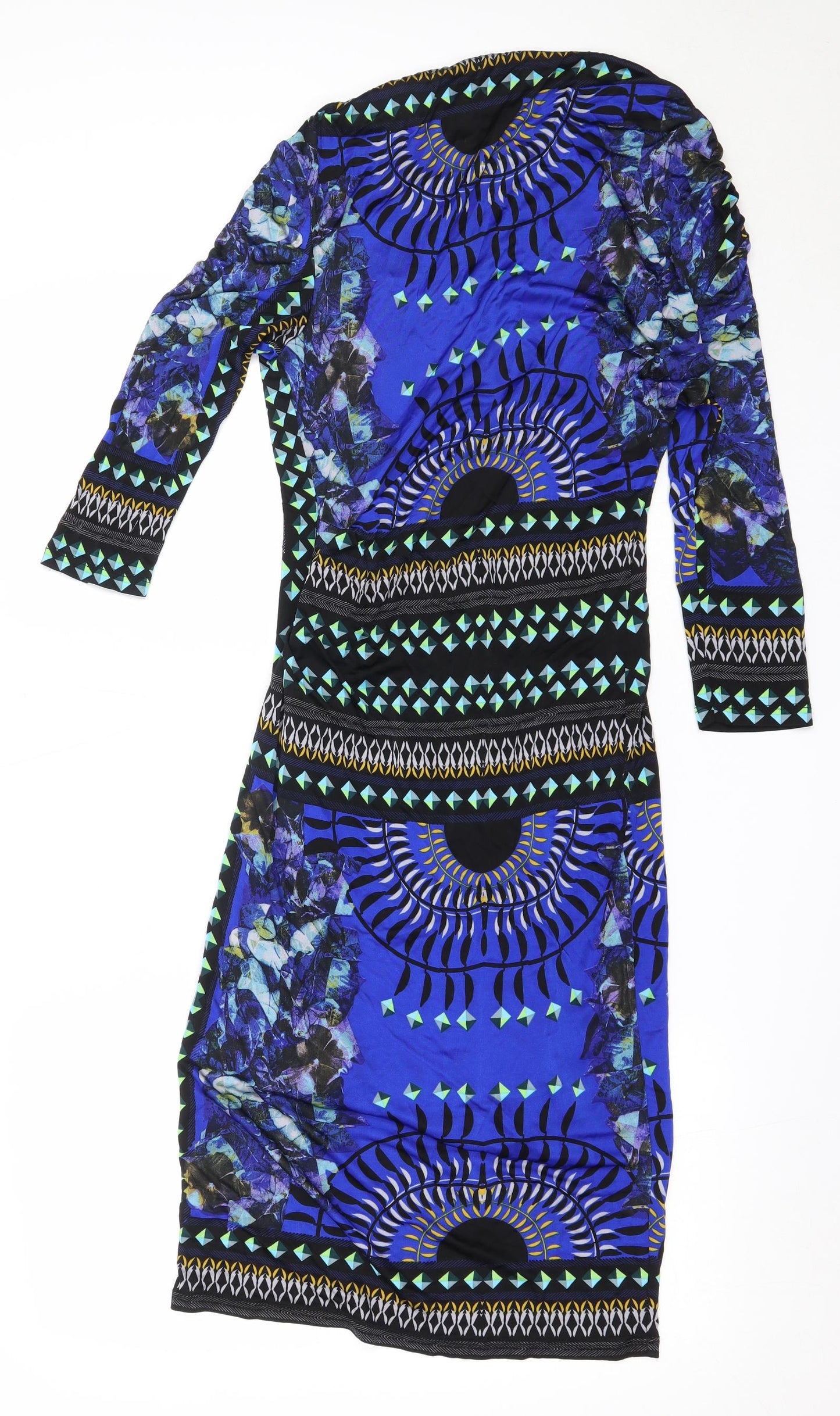 Marks and Spencer Womens Blue Geometric Viscose Bodycon  Size 10  Round Neck