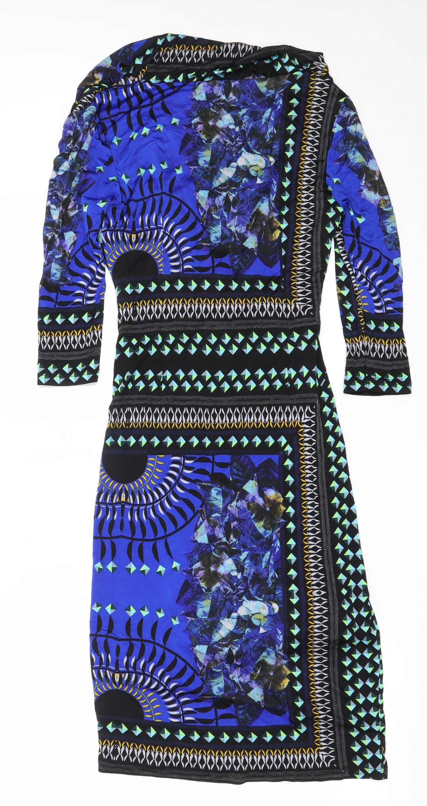 Marks and Spencer Womens Blue Geometric Viscose Bodycon  Size 10  Round Neck