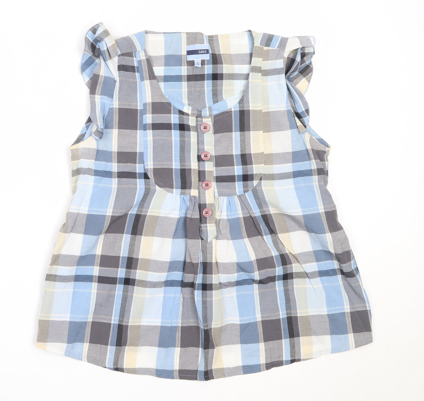 Oasis Womens Blue Check Cotton Basic Blouse Size 10 Round Neck
