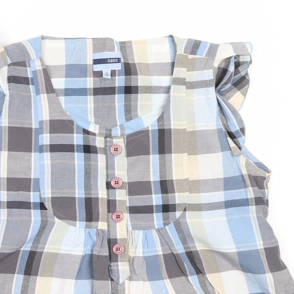 Oasis Womens Blue Check Cotton Basic Blouse Size 10 Round Neck