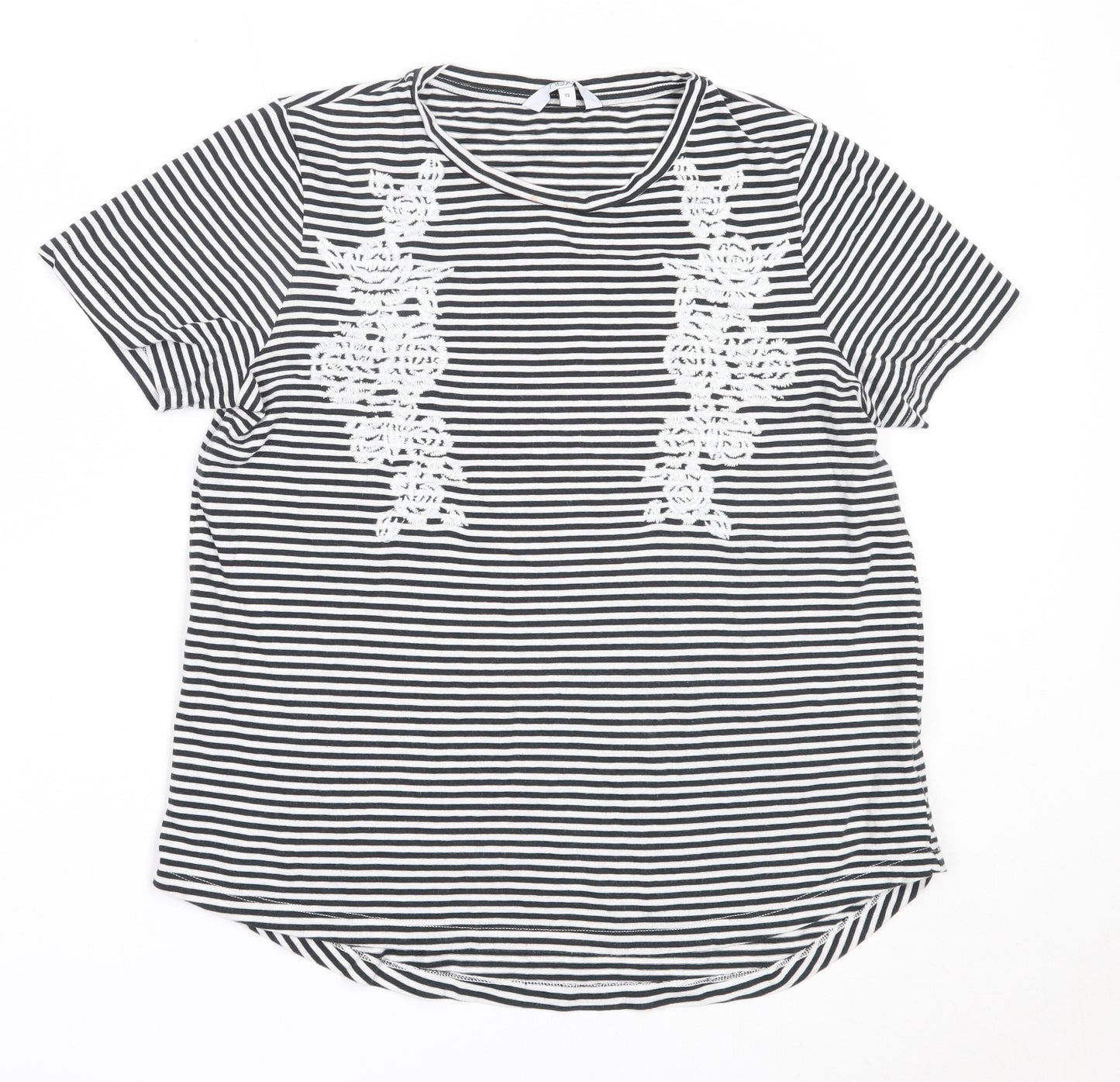 NEXT Womens Black Striped Cotton Basic T-Shirt Size 12 Round Neck