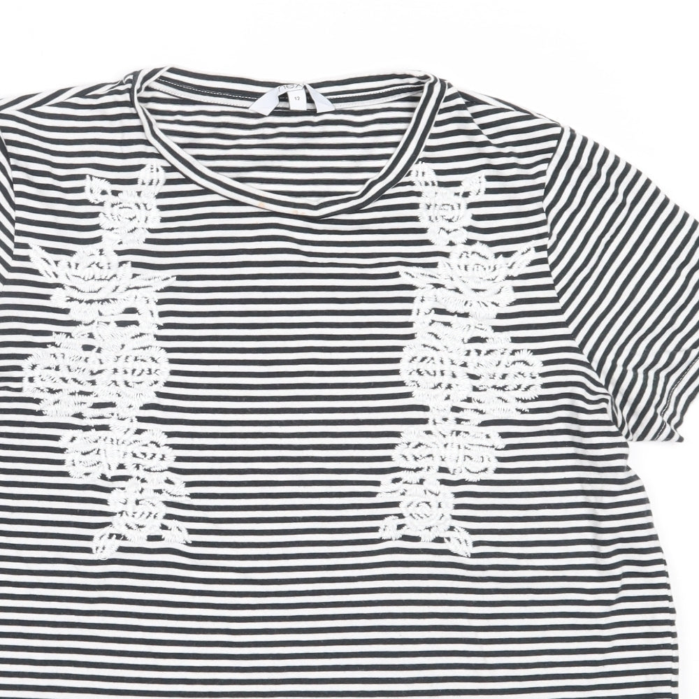 NEXT Womens Black Striped Cotton Basic T-Shirt Size 12 Round Neck