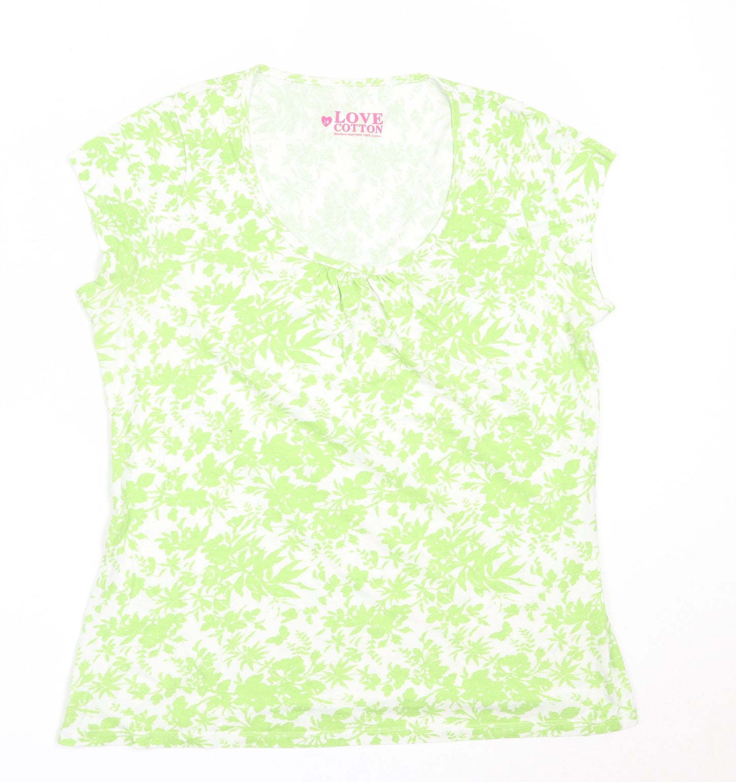 BHS Womens Green Floral Cotton Basic T-Shirt Size 14 Round Neck