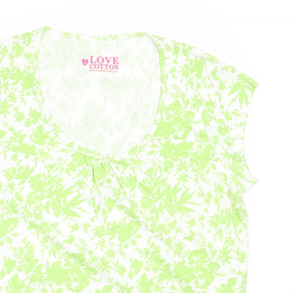 BHS Womens Green Floral Cotton Basic T-Shirt Size 14 Round Neck