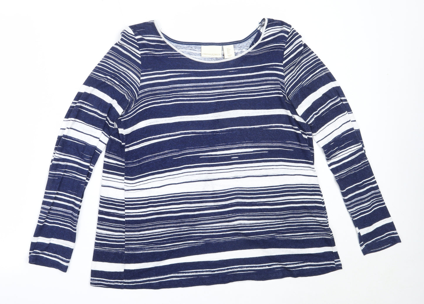 Cynthia Rowley Womens Blue Striped Linen Basic T-Shirt Size S Round Neck