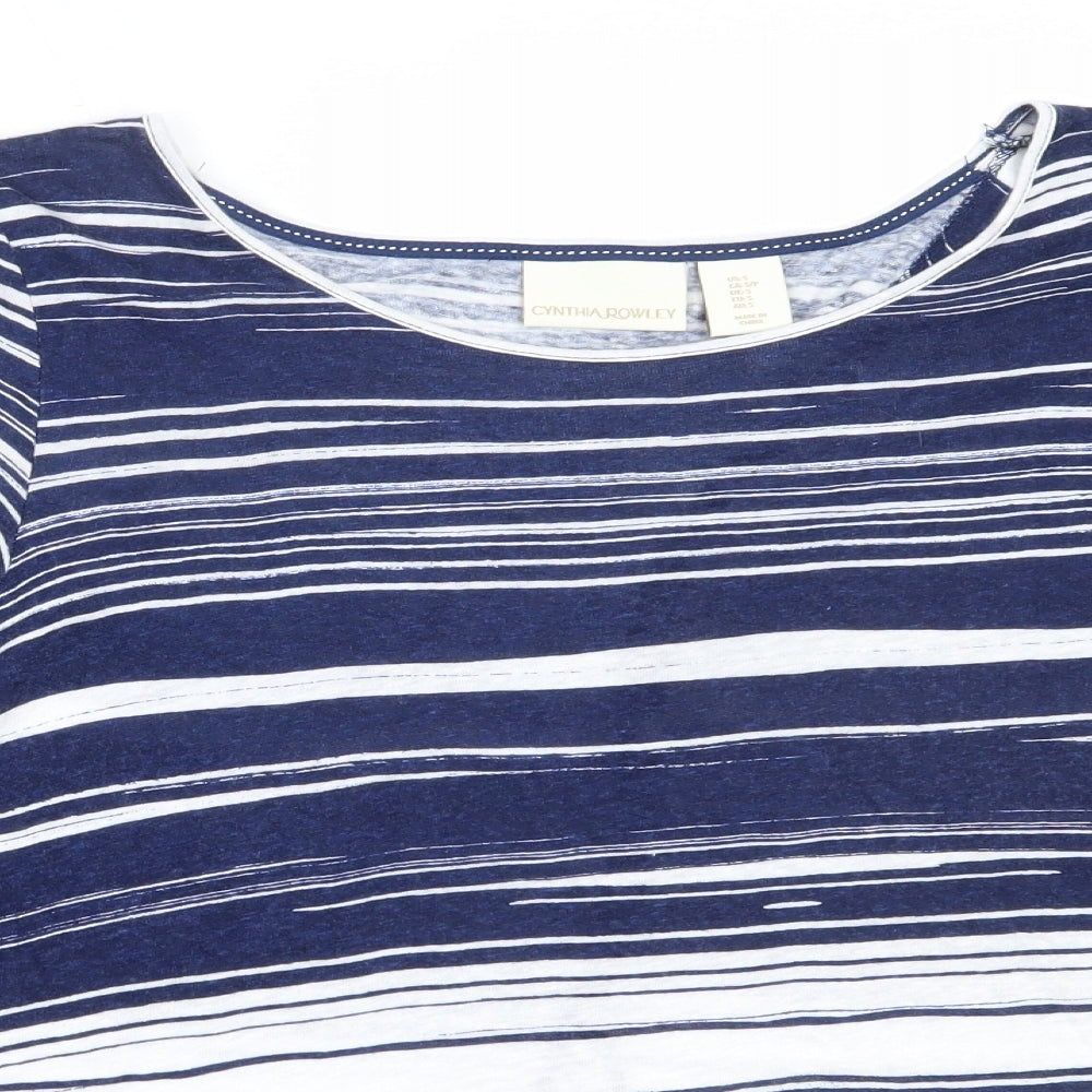 Cynthia Rowley Womens Blue Striped Linen Basic T-Shirt Size S Round Neck