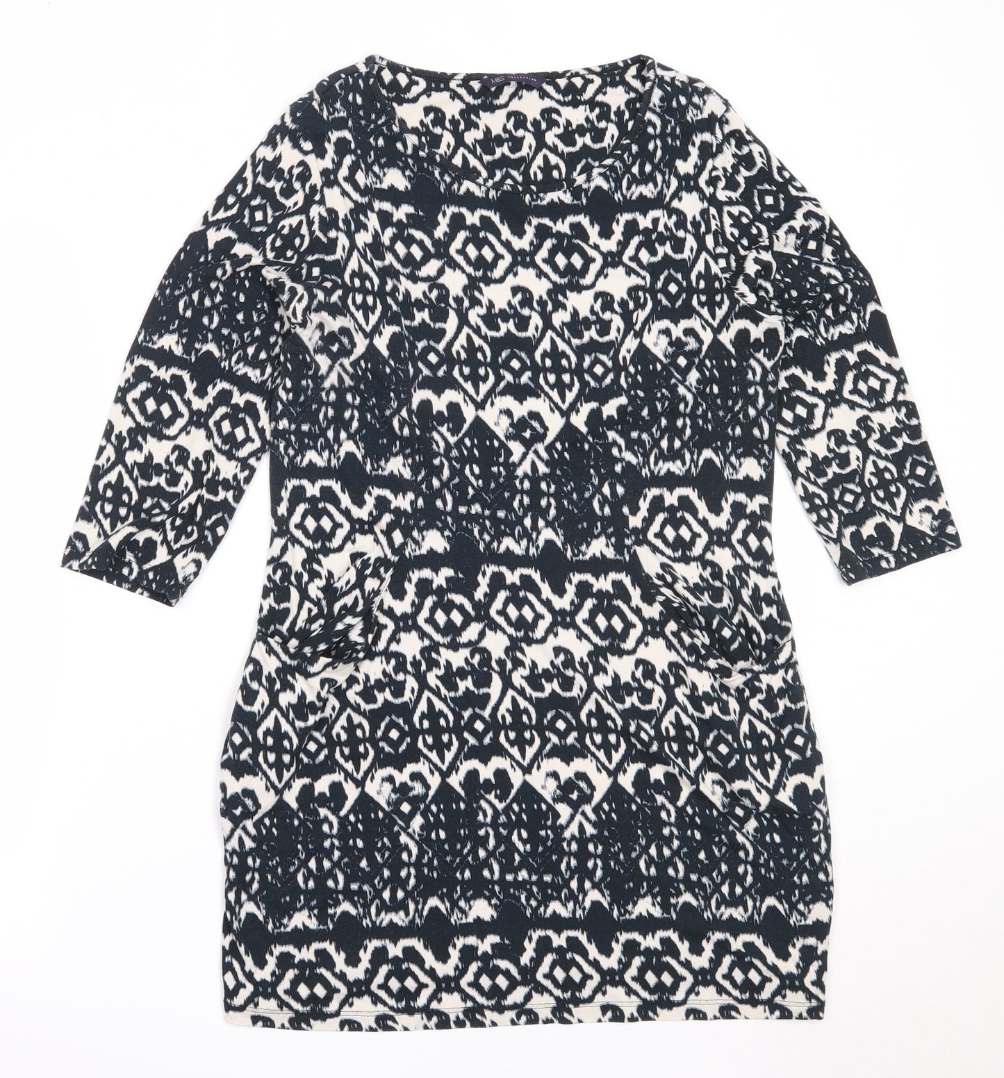 Marks and Spencer Womens Black Geometric Viscose Tunic Blouse Size 12 Round Neck