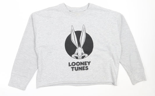 Front view of Primark women’s grey cotton pullover sweatshirt, size XS, - looney tunes