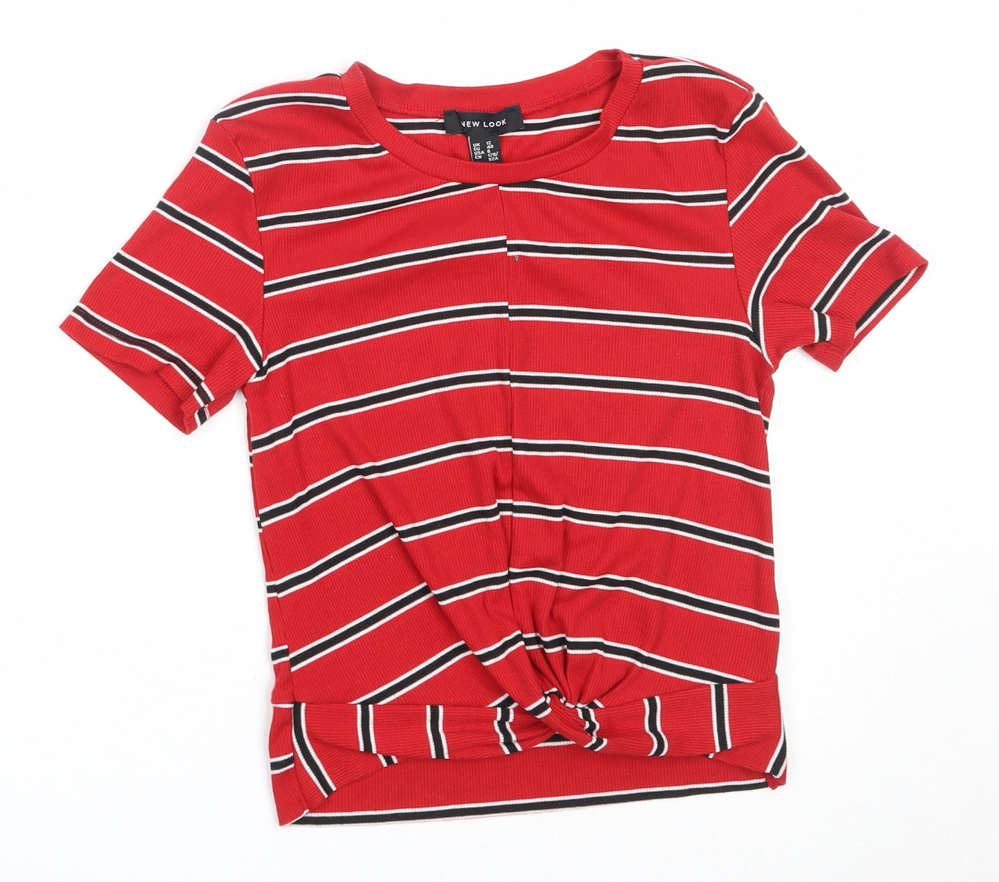 New Look Womens Red Striped Polyester Basic T-Shirt Size 12 Round Neck