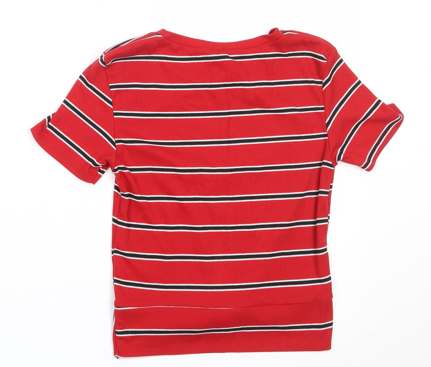 New Look Womens Red Striped Polyester Basic T-Shirt Size 12 Round Neck