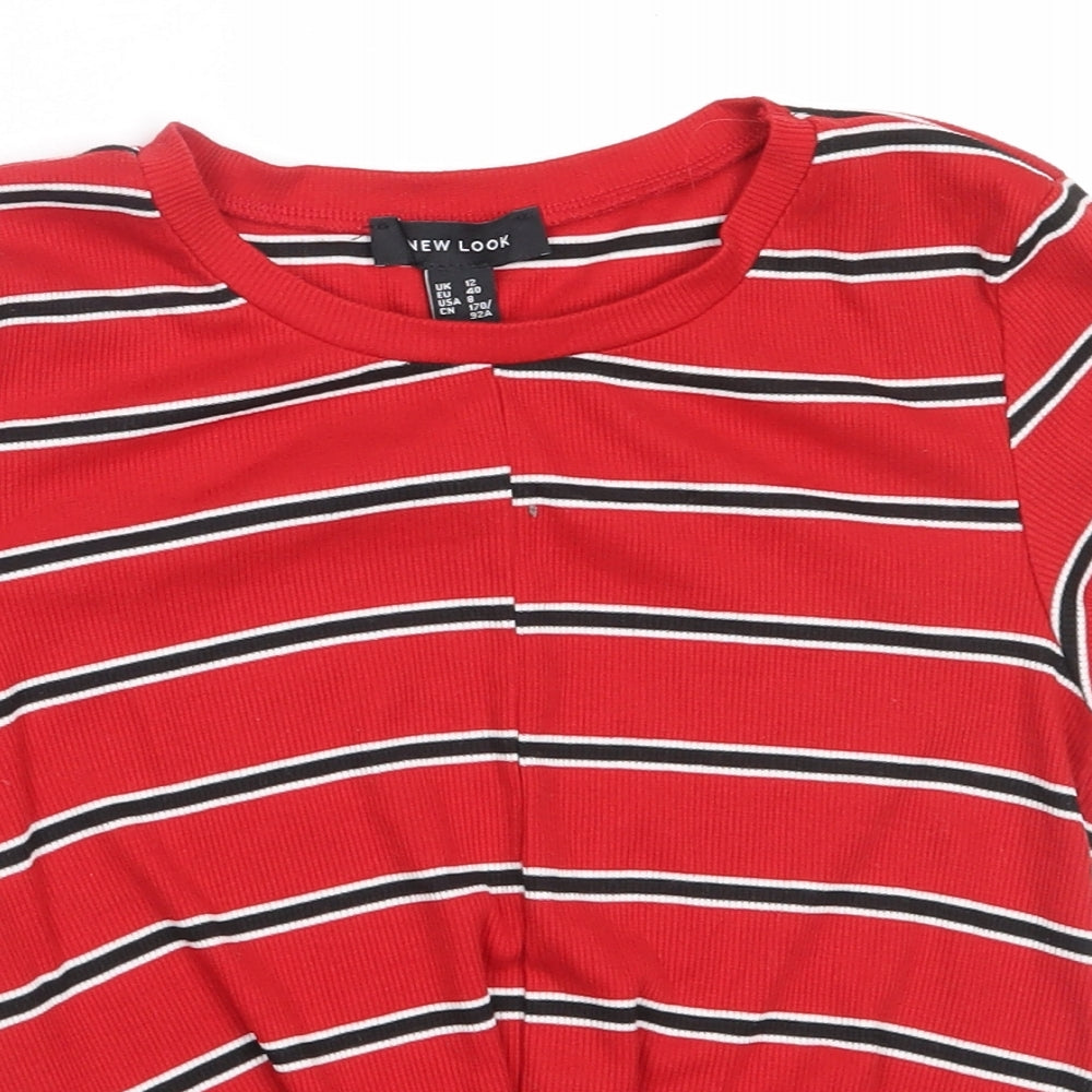 New Look Womens Red Striped Polyester Basic T-Shirt Size 12 Round Neck