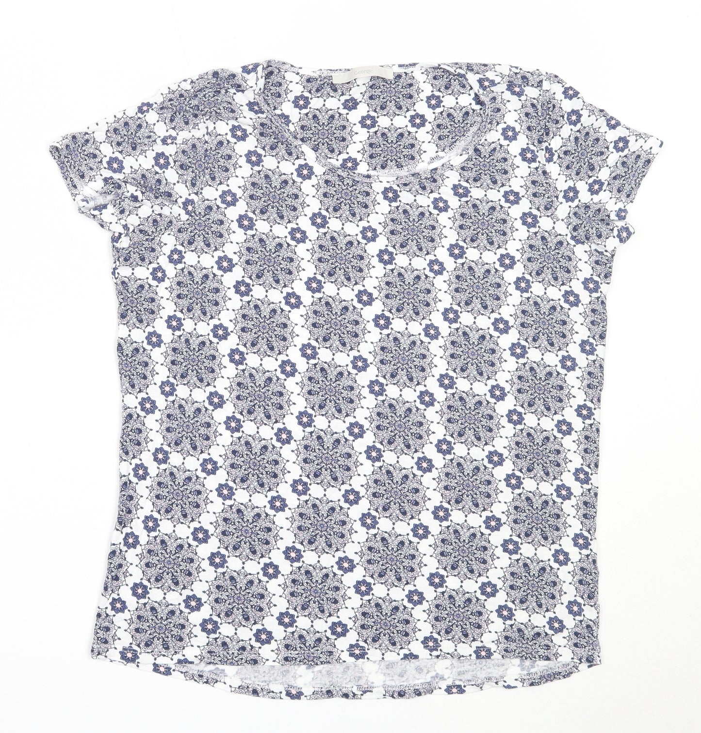 George Womens Blue Geometric Viscose Basic T-Shirt Size 10 Round Neck