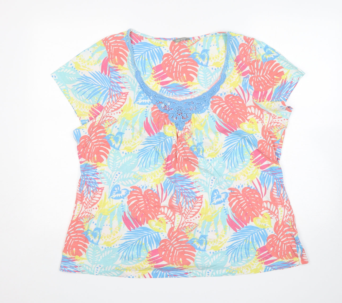 M&S Womens Multicoloured Floral Cotton Basic T-Shirt Size 22 Scoop Neck