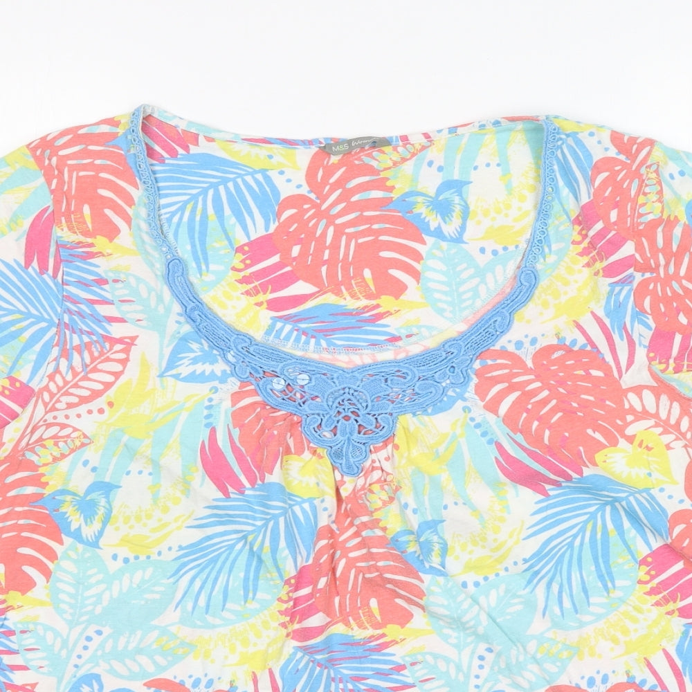M&S Womens Multicoloured Floral Cotton Basic T-Shirt Size 22 Scoop Neck