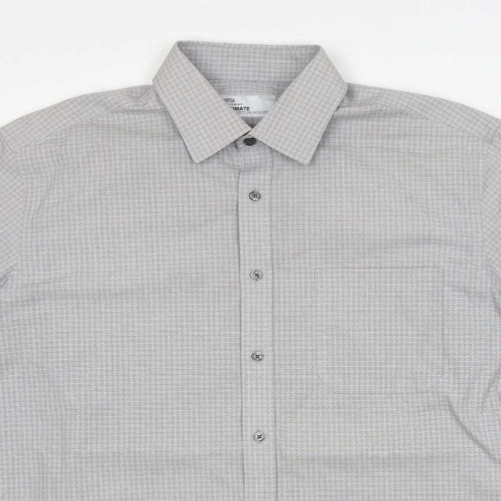 M&S Mens Grey Check Cotton  Dress Shirt Size 16 Collared