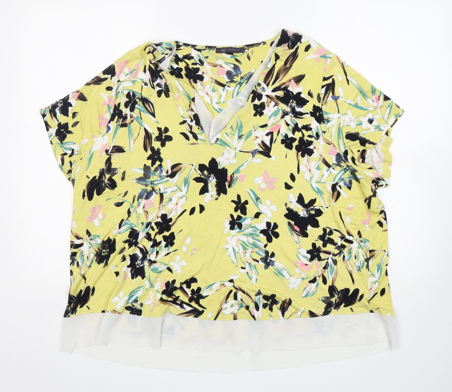 M&S Womens Multicoloured Floral Viscose Basic T-Shirt Size 24 V-Neck