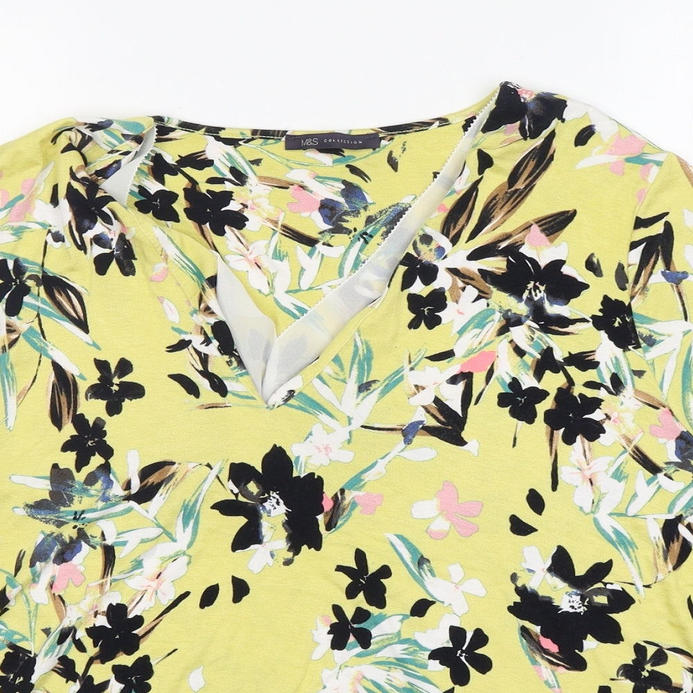 M&S Womens Multicoloured Floral Viscose Basic T-Shirt Size 24 V-Neck
