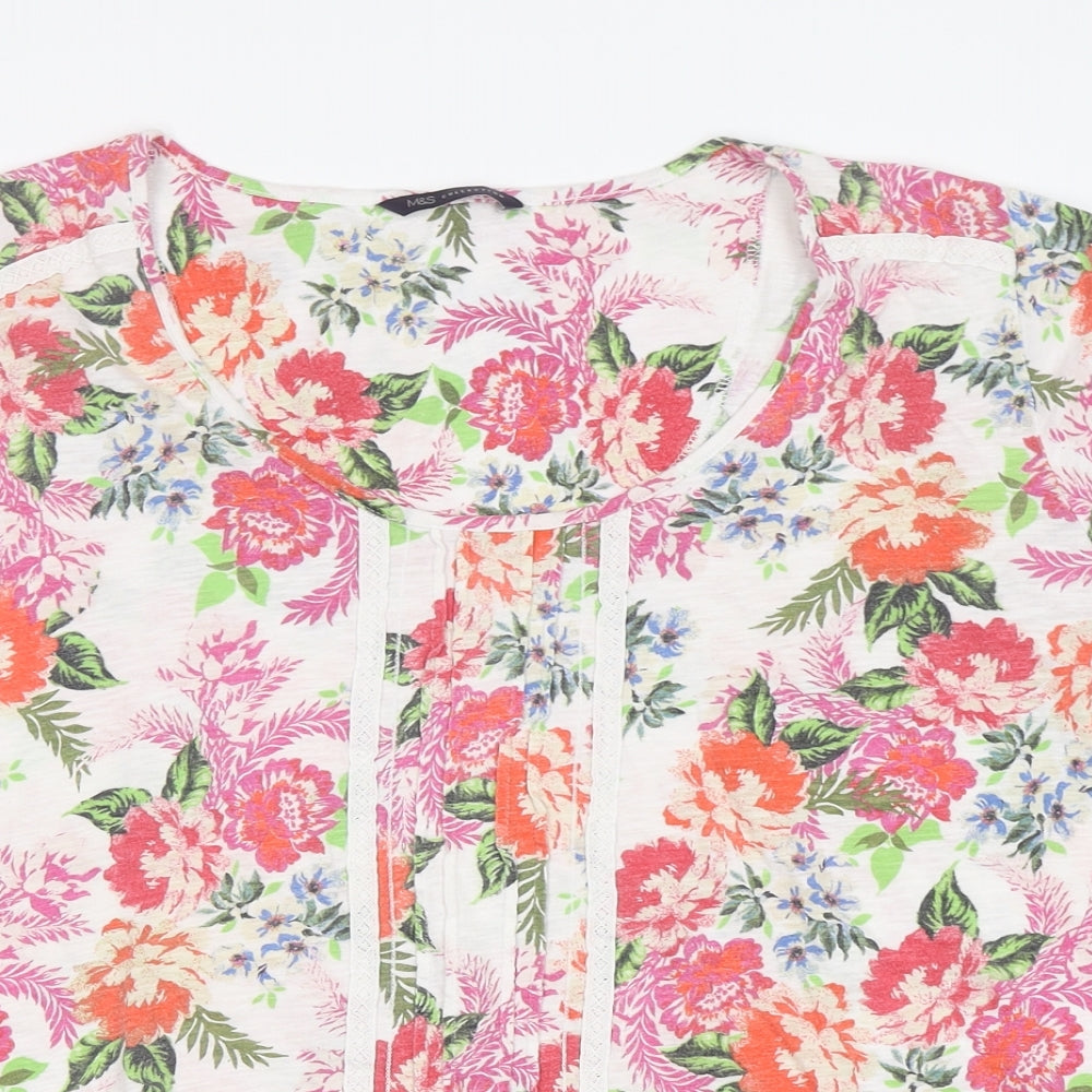 M&S Womens Multicoloured Floral Cotton Basic T-Shirt Size 22 Round Neck