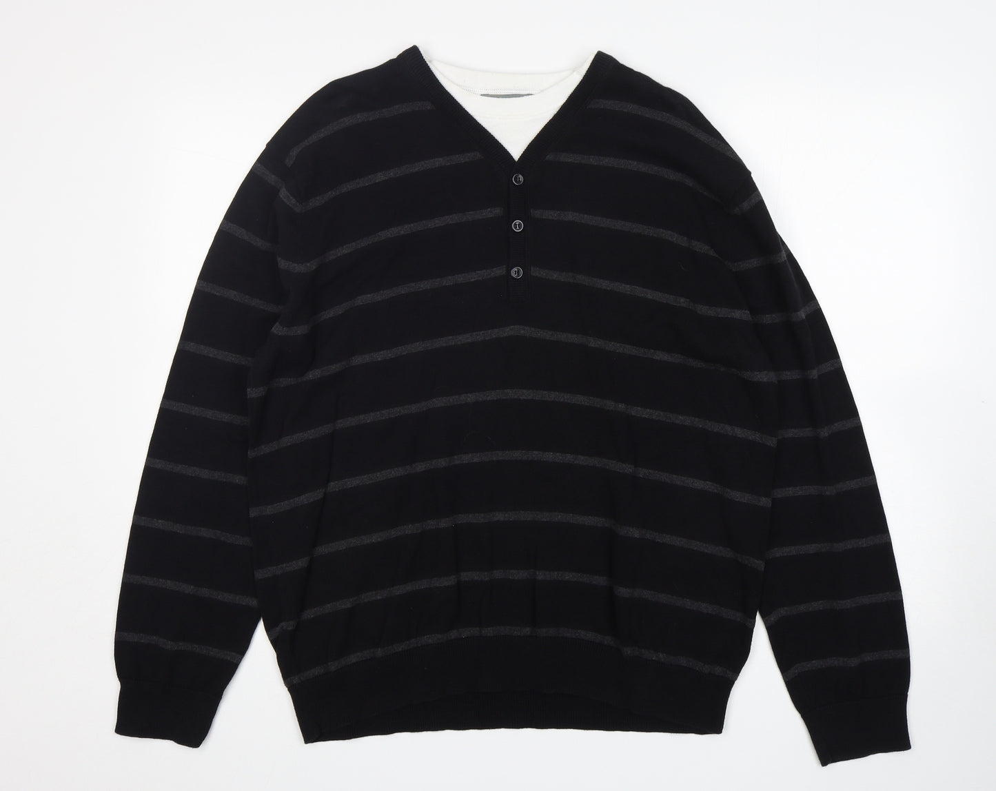 BHS Mens Black Round Neck Striped Cotton Pullover Jumper Size XL