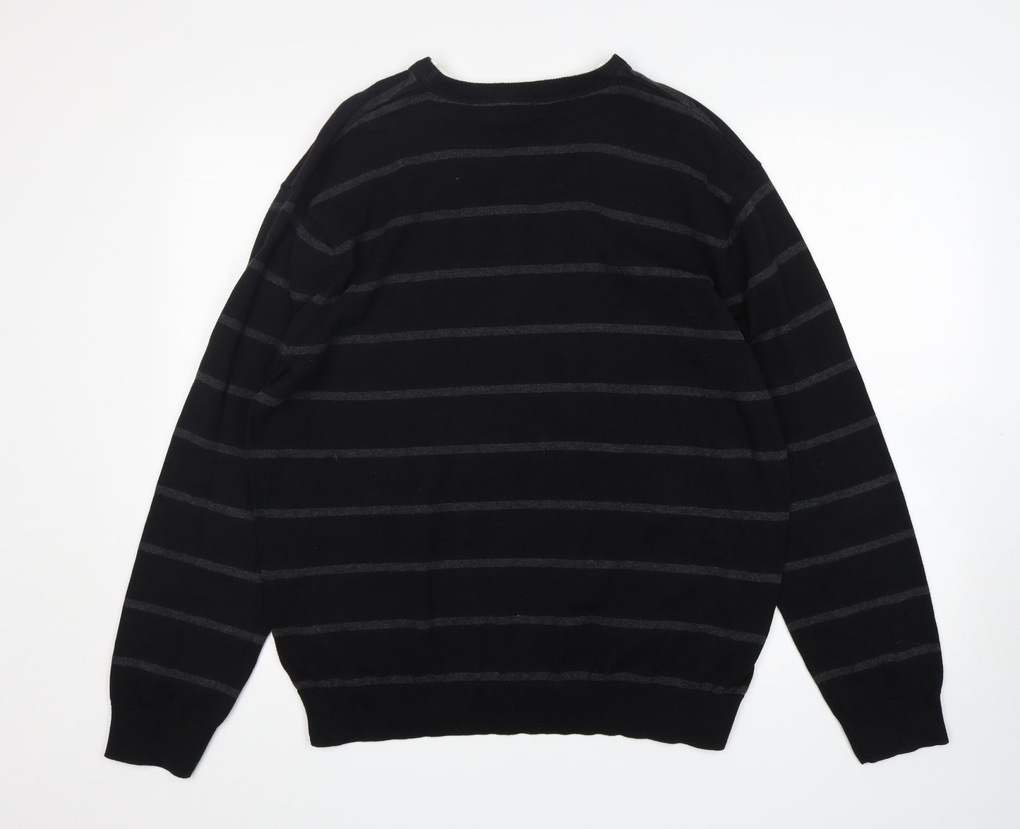 BHS Mens Black Round Neck Striped Cotton Pullover Jumper Size XL