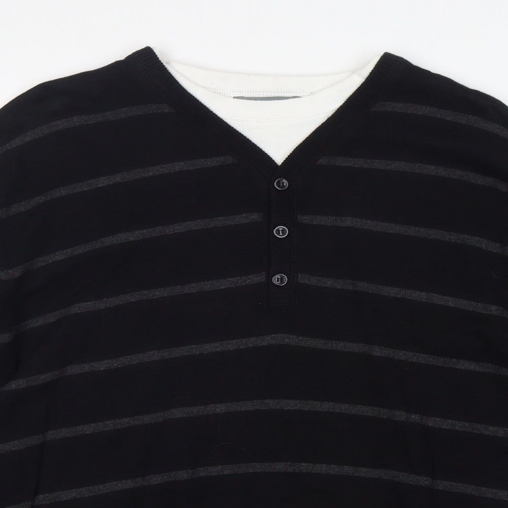 BHS Mens Black Round Neck Striped Cotton Pullover Jumper Size XL