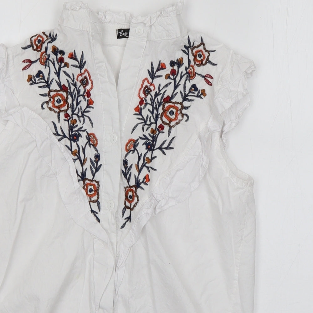 Ciao Milano Womens White Floral Viscose Basic Button-Up Size S Collared