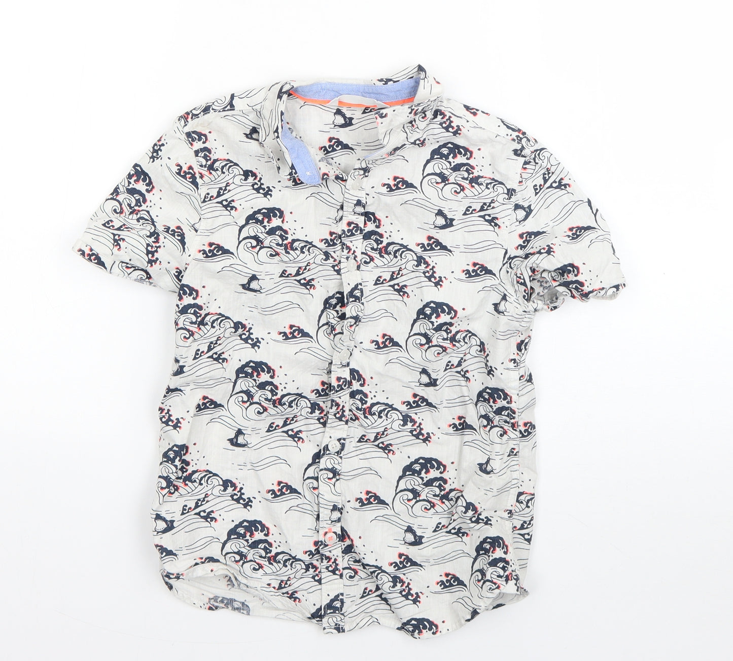 M&S Boys Multicoloured Animal Print Cotton Basic Button-Up Size 6-7 Years Collared  - Shark